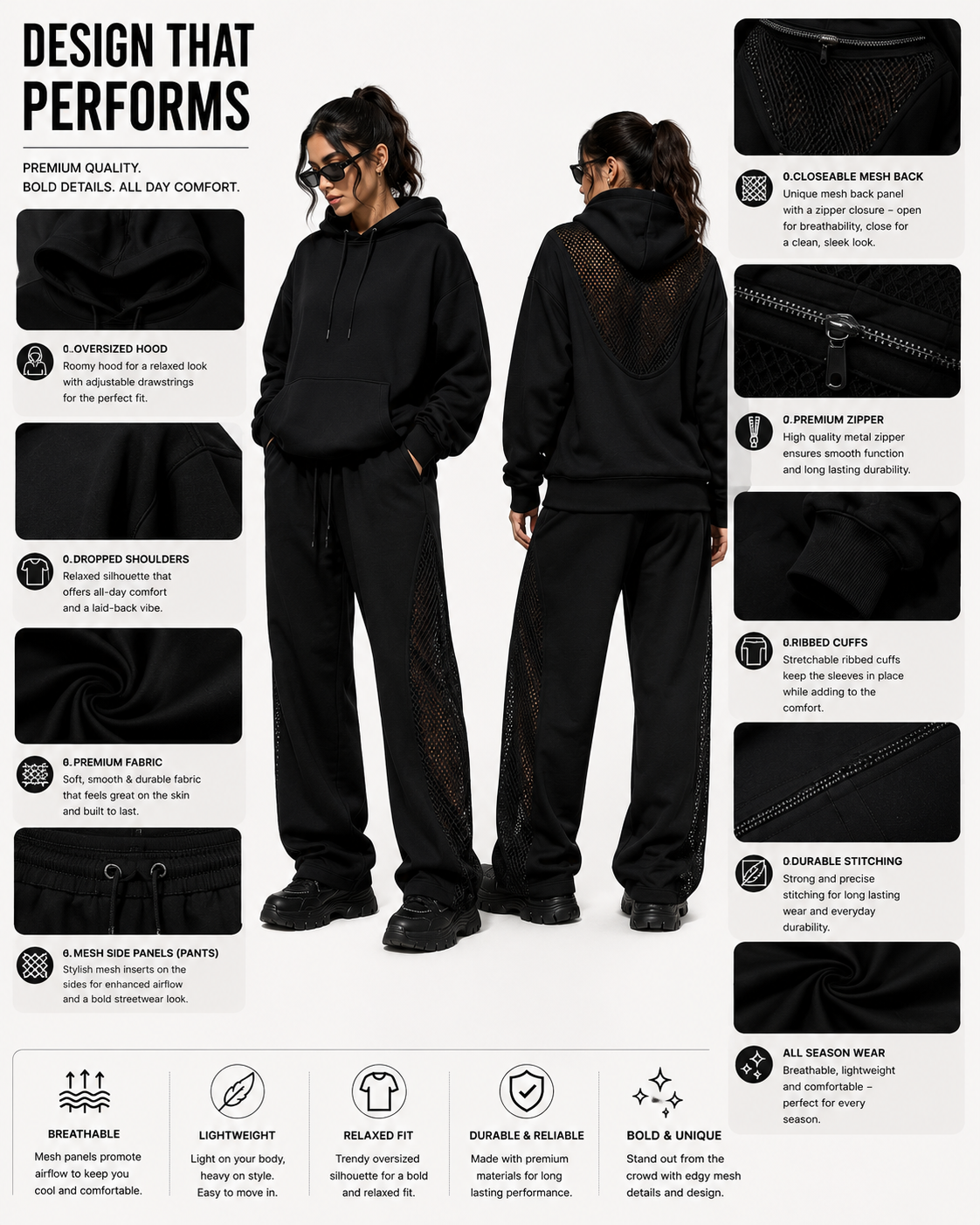 Women’s Streetwear Mesh Hoodie Set
