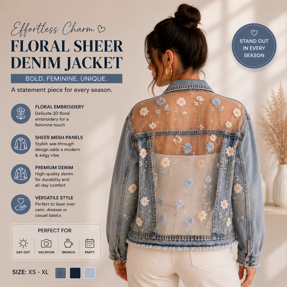 Floral sheer denim jacket