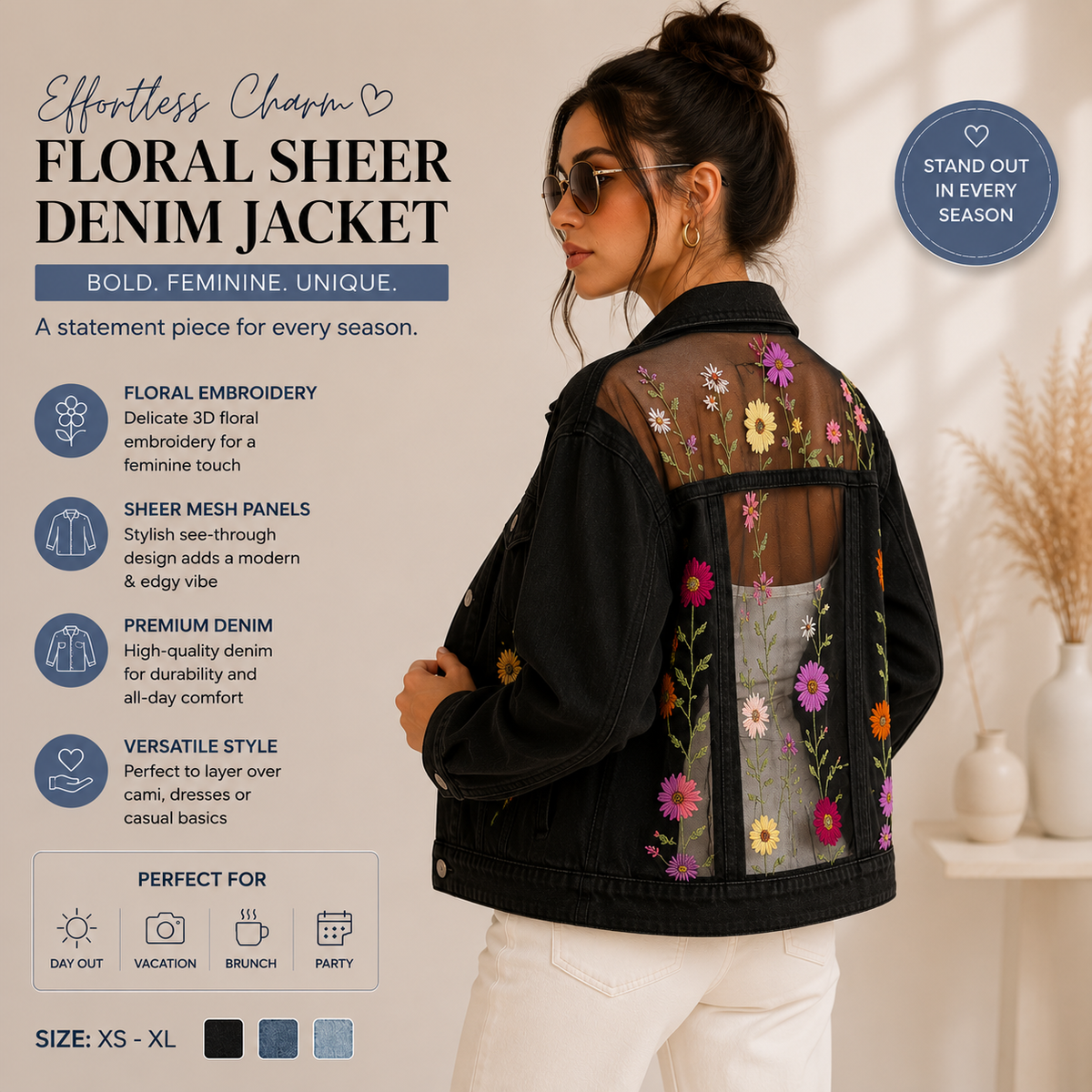 Floral sheer denim jacket
