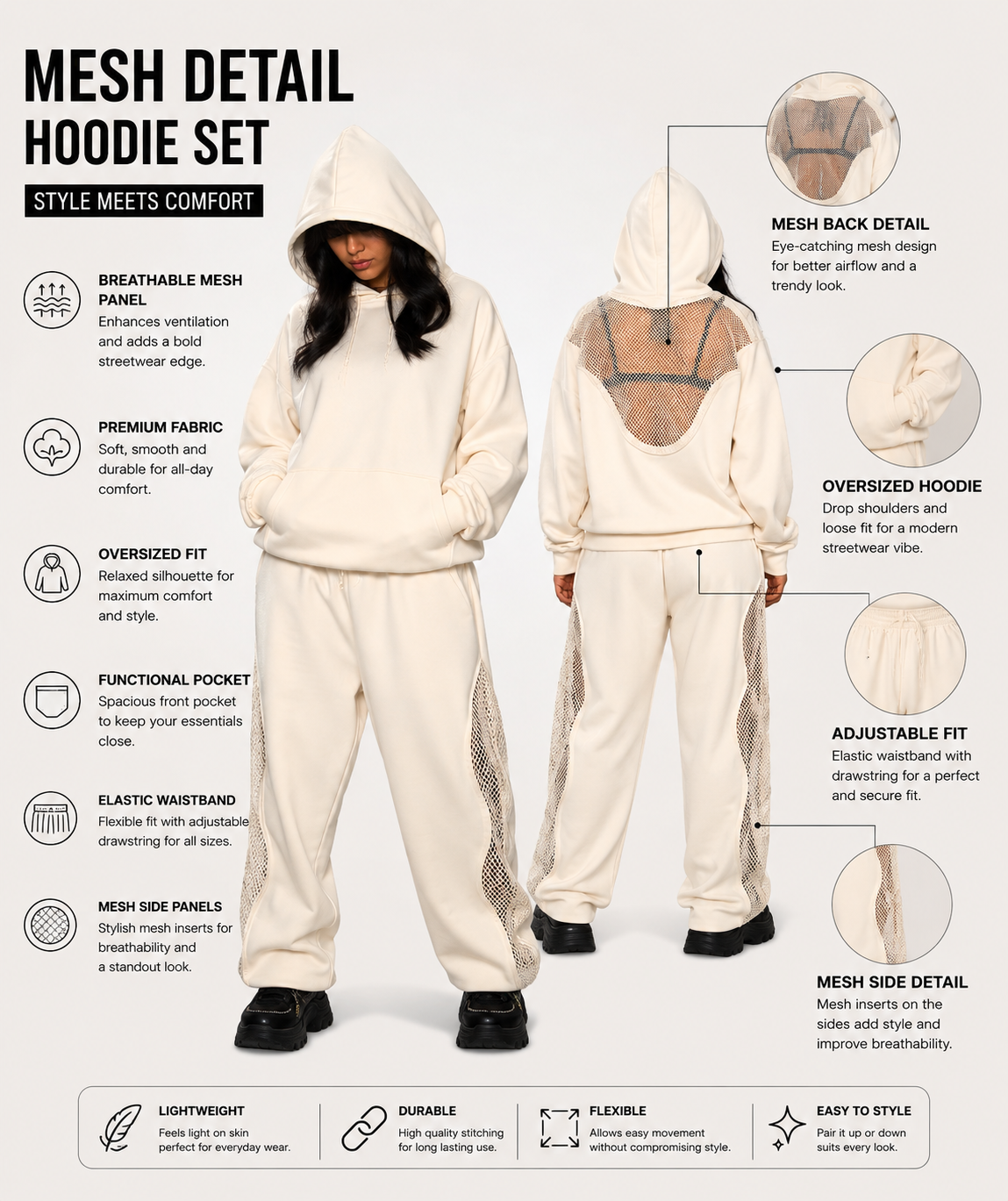 Women’s Streetwear Mesh Hoodie Set