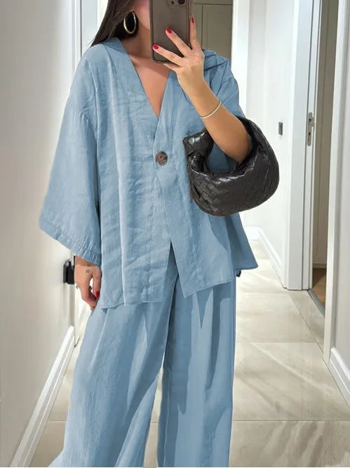 Women's V-neck button cotton and linen casual suit