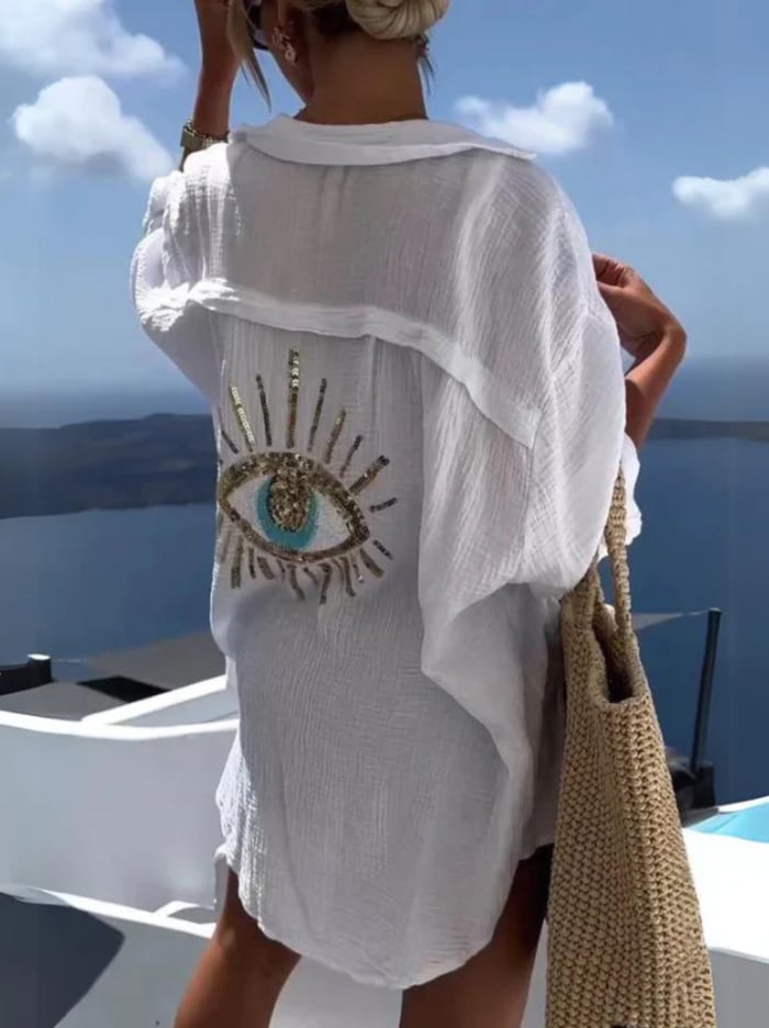 Casual Sequin Beaded Devil Eye Shirt