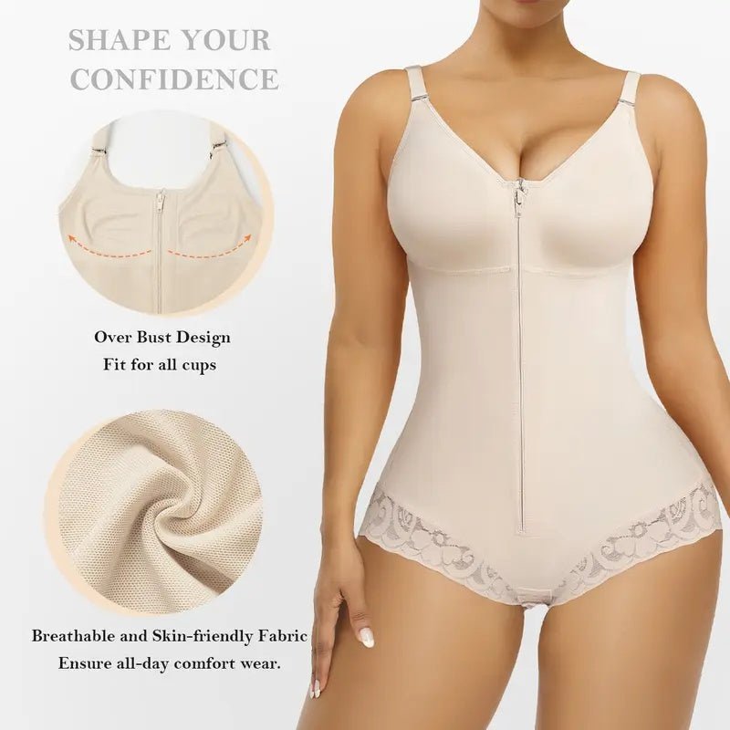 Zip-Front Tummy Tuck Bodysuit with Built-In Bra & Butt Lifter