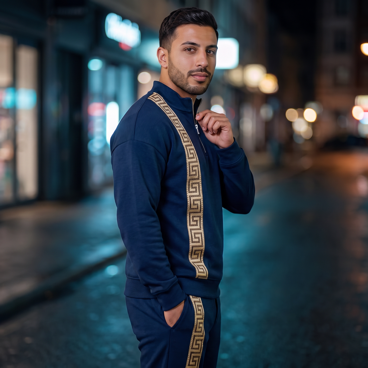 Men's fashion casual zipper stand up collar long sleeved pants set