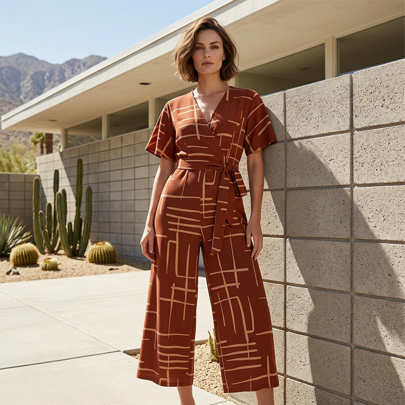 Women's elegant apron-style jumpsuit with belt