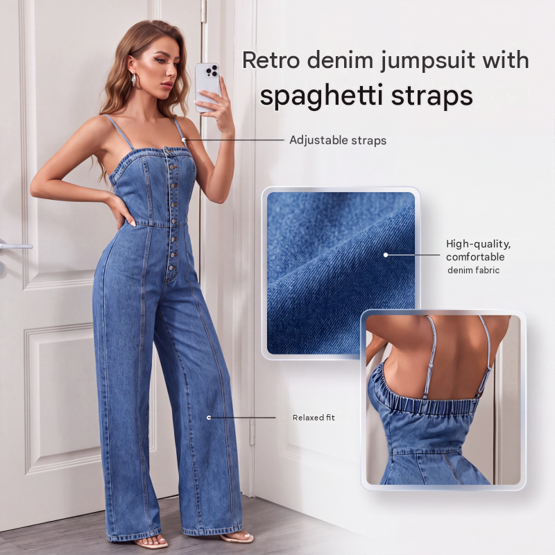 👖 50% OFF! ✨ Women's Spaghetti Strap Wide Leg Denim Jumpsuit – Casual Summer Look