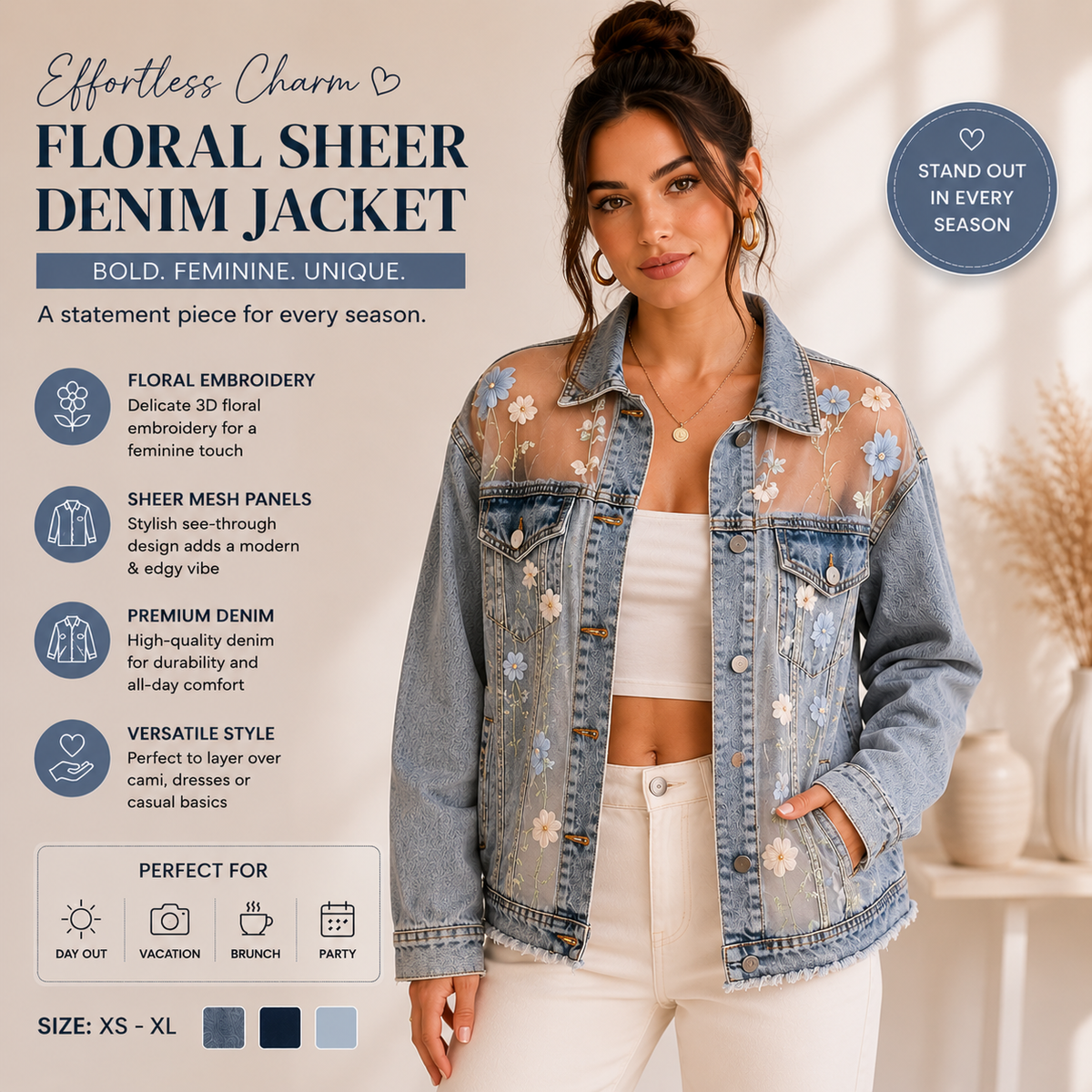 Floral sheer denim jacket