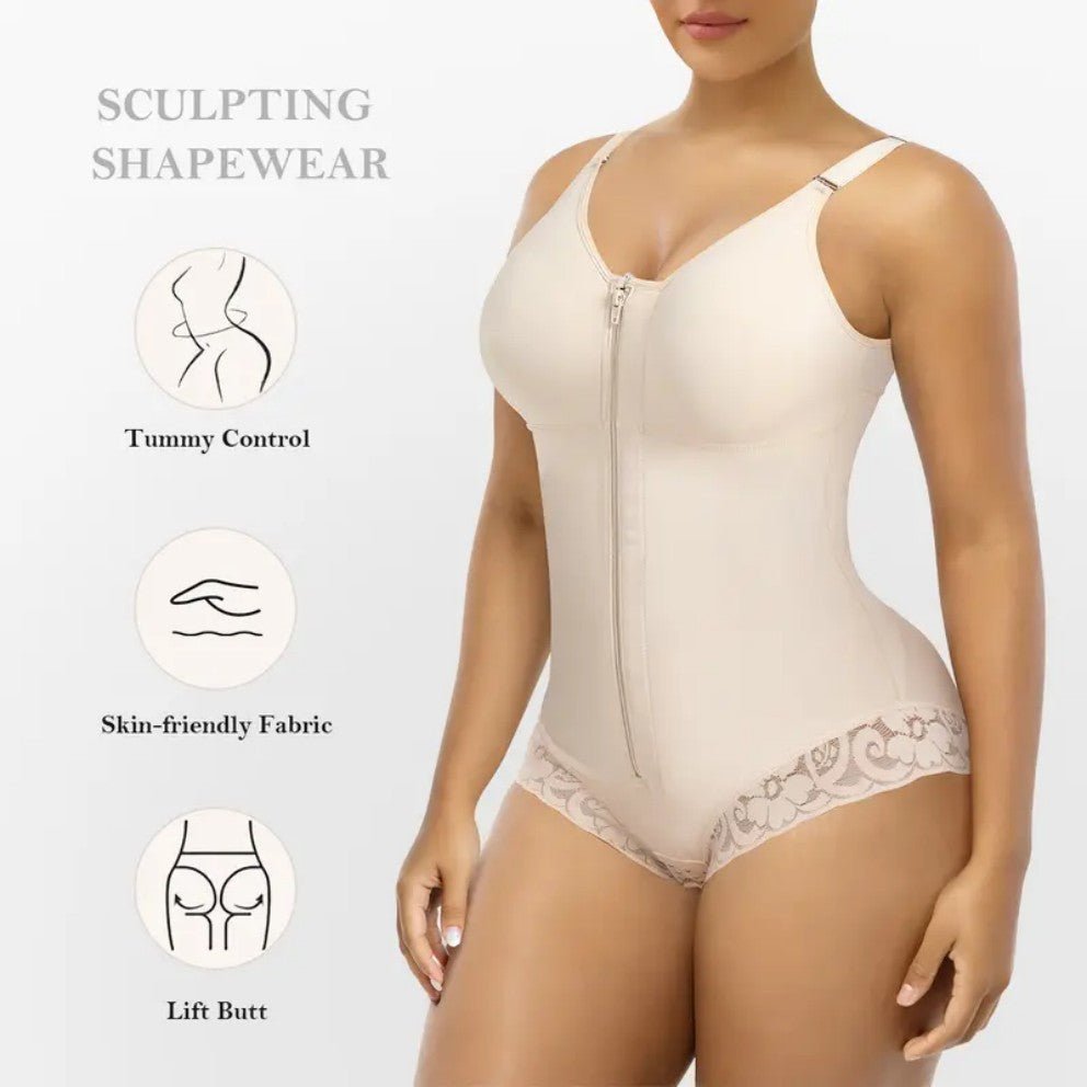 Zip-Front Tummy Tuck Bodysuit with Built-In Bra & Butt Lifter
