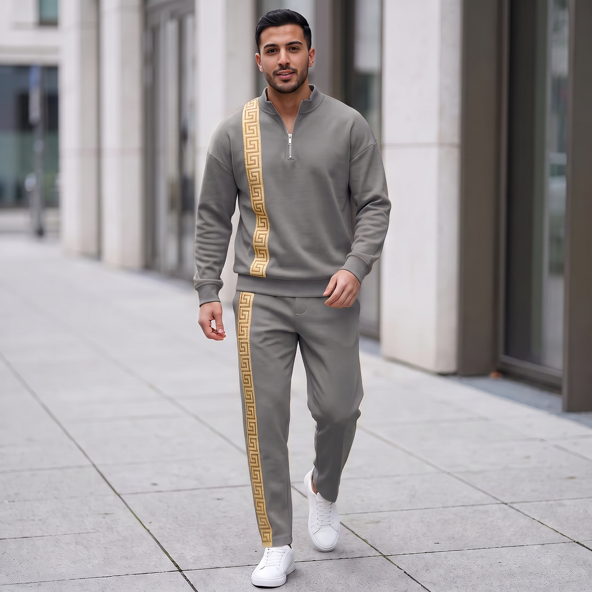 Men's fashion casual zipper stand up collar long sleeved pants set